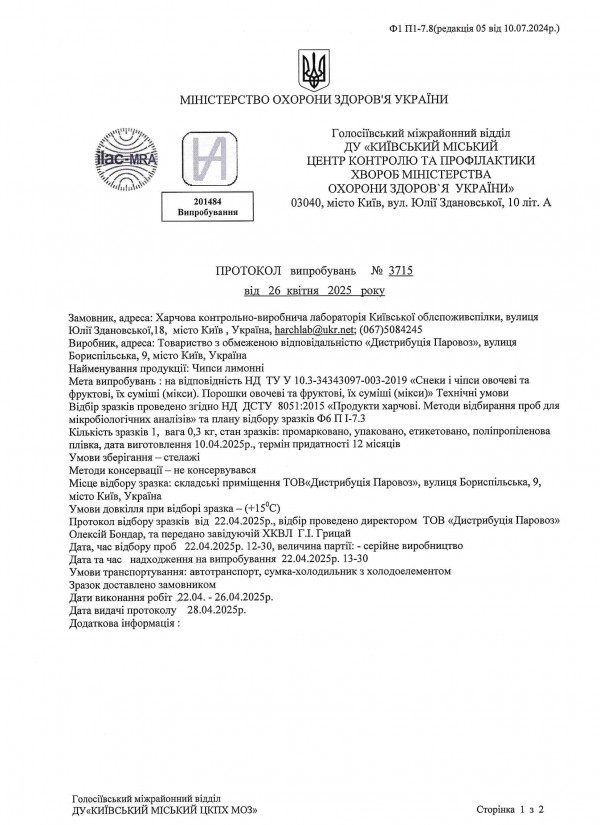 Протокол випробовувань мікро лимонні